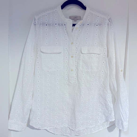 C. Loft White long sleeve sheer blouse flower print size L - Picture 1 of 3